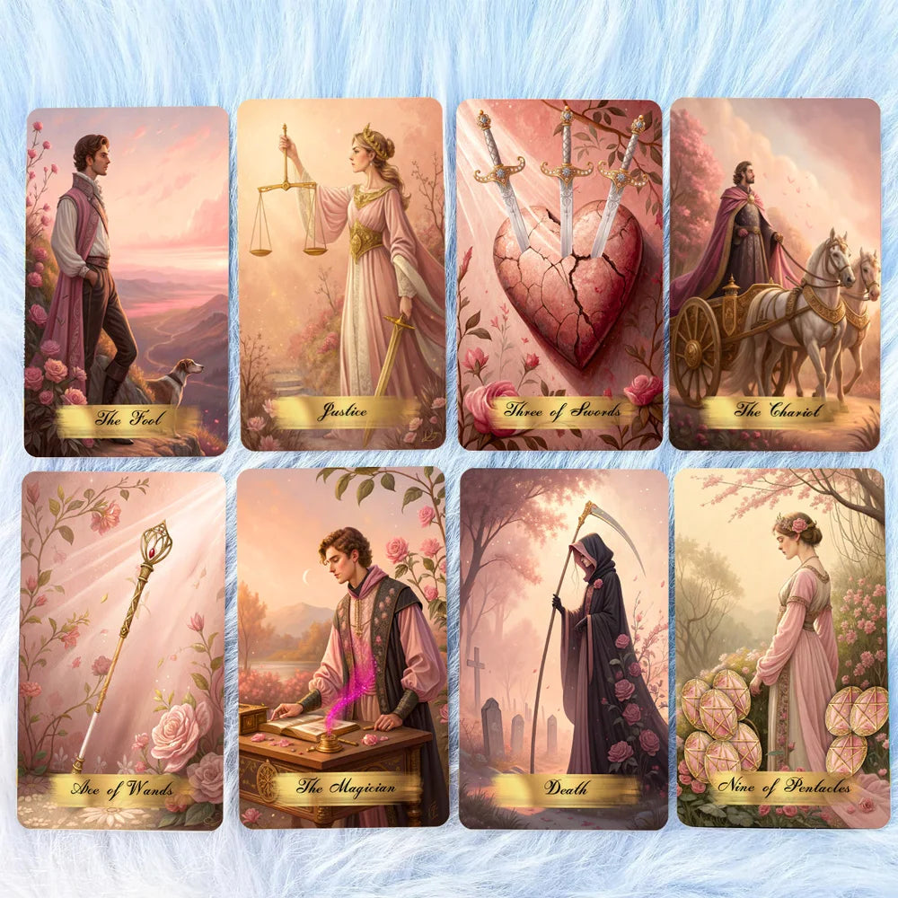 Pink Victorian Tarot Cards Set, 78 Pieces, 13x8 Cm, Romantic & Elegant Design, Includes Paper Instructions, Perfect for Begin