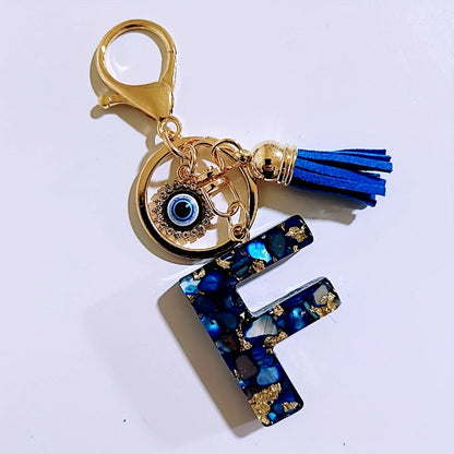 Blue Resin Initial Keychain - Evil Eye Letter Charm with Rhinestones & Tassel, Stylish Gift for Women, Lobster Clasp Accessor