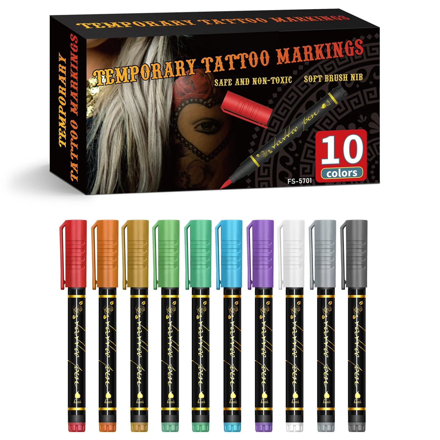 Temporary Tattoo Markers for Skin,10 Colors Tattoo Pens,Brush Tip,Bright colors,Face Paint Kit Cosmetic Quality,Halloween mak