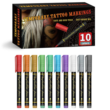 Temporary Tattoo Markers for Skin,10 Colors Tattoo Pens,Brush Tip,Bright colors,Face Paint Kit Cosmetic Quality,Halloween mak