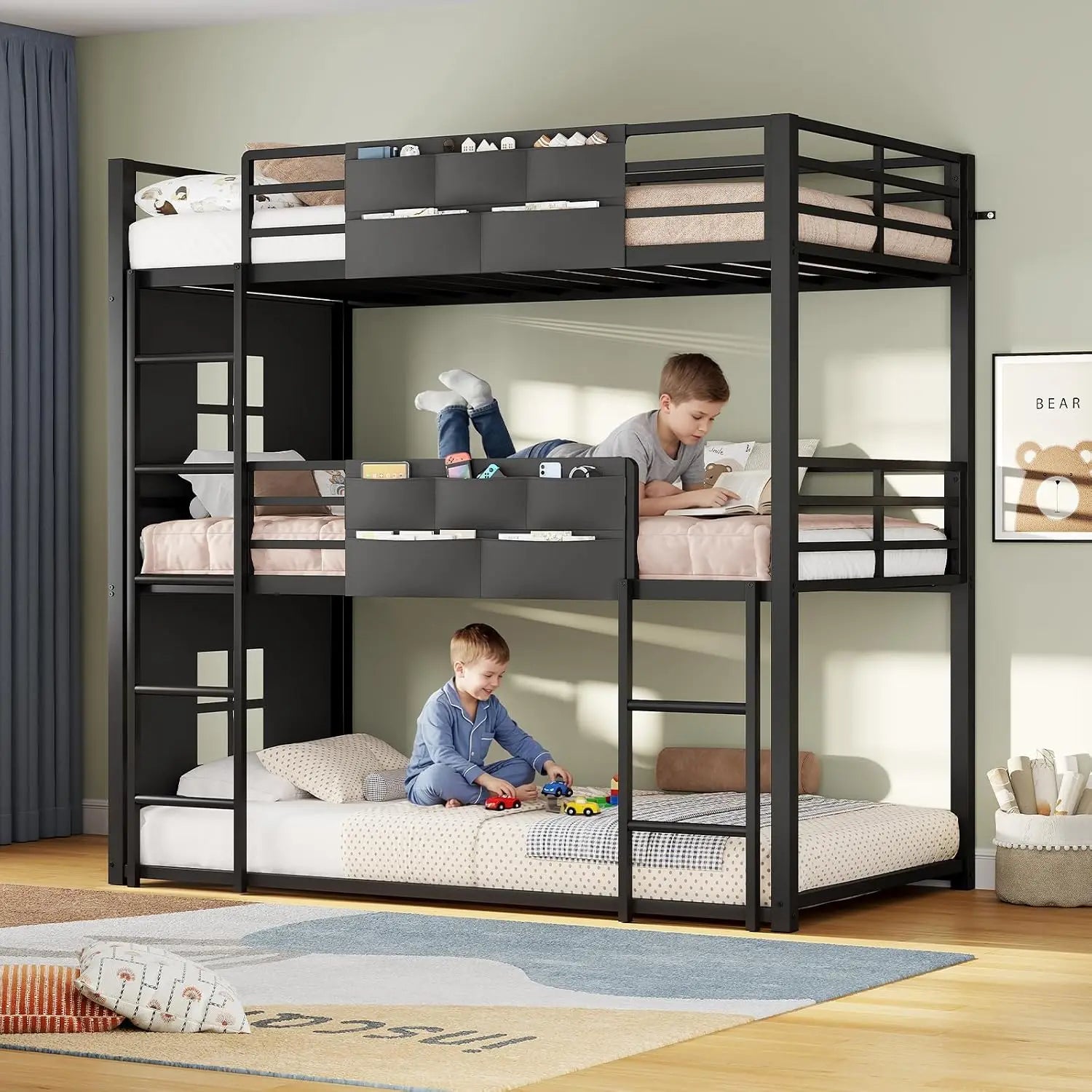 Triple Bunk Bed Twin Over Twin with Safety Guardrail | Heavy Duty Metal 3 Bunk Beds with Play, Customized