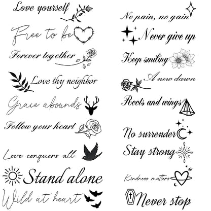 Tattoo Stickers English Word Waterproof Long Lasting Realistic Transfer Temporary Black Letters Feather Body Art For Men Wome