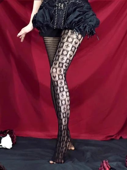 Vintage Gothic Dark Punk Style Sexy Pantyhose Goth Lolita Uniform Striped AB Asymmetric Hollow out Fishnet Tights Women Summe
