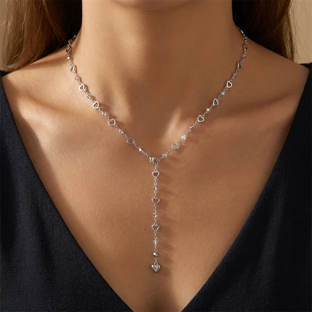 Sexy Long Crystal Lariat Necklace for Women Romantic Gold Color Boho Heart Strip Drop Chain Body Accessories Jewelry Party Gi