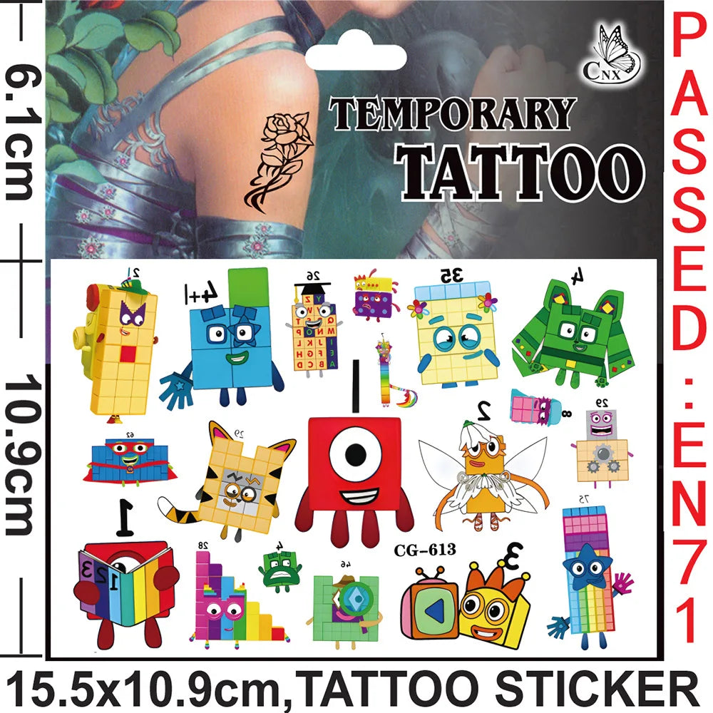 Building Block Numbers Tattoo Stickers Waterproof Cute Birthday Party Supplies Reward Toy for Kids Decoration Christmas Gift