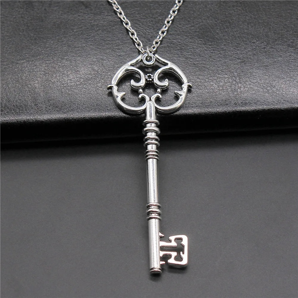 Fashion Vintage 2 Colors 82x31mm Big Key Pendant Necklace For Women Men Long Chain Necklace Jewelry Accessories - Antique Sil