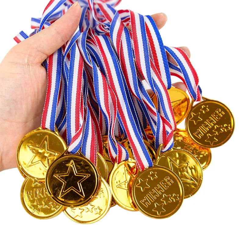 10Pcs Plastic Gold Winners Medals Trophy Children Game Sports Prize Awards Toys For Kids Birthday Party Favors Pinata Fillers