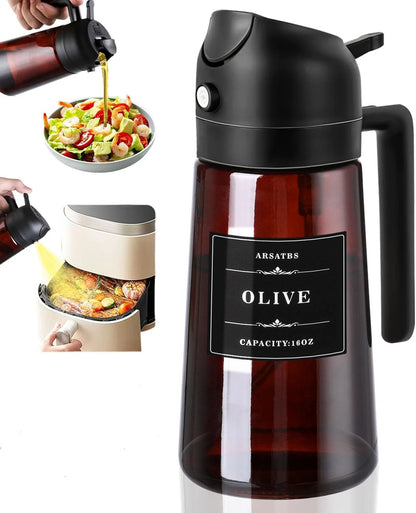 2-in-1 Glass Oil Dispenser & Sprayer - 16oz/470ml Leakproof Olive Oil Sprayer Bottle for Cooking, Air Fryer, BBQ, Baking, Sal