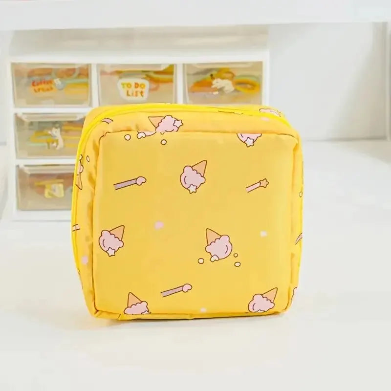 Women Sanitary Napkin Tampon Storage Bag Portable Waterproof Organizer Pouch Cartoon Pattern Sanitary Napkin Bag - Yellow Ice