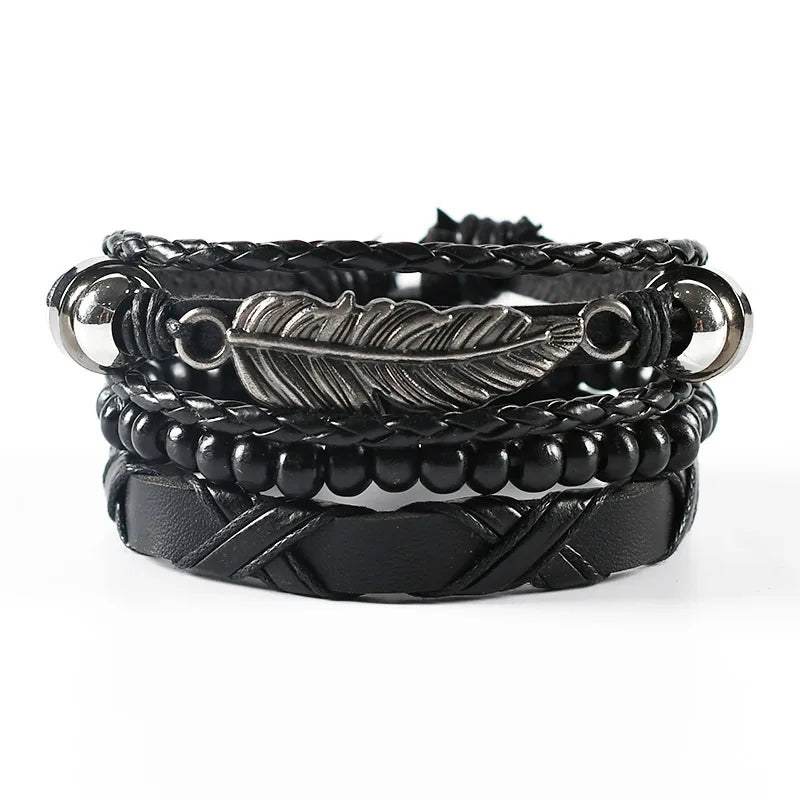 4Pcs/ Set Braided Wrap Leather Bracelets for Men Vintage Life Tree Rudder Charm Wood Beads Ethnic Tribal Wristband Rope Brace