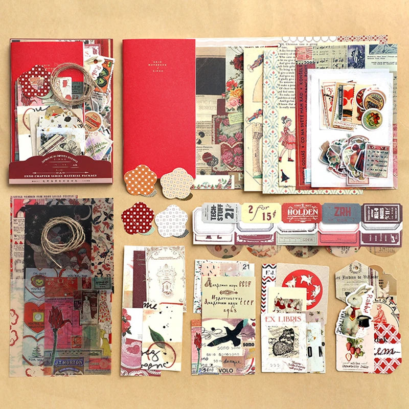 Retro scrapbook supplies, aesthetic diary tool kit, material paper set, simple Instagram style background, handmade DIY mater