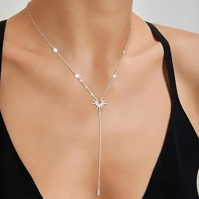Stainless Steel Y-Shaped Pendant Necklace for Women Girls Elegant Fashion Cubic Zirconia Long Tassel Dangle Choker Jewelry Gi
