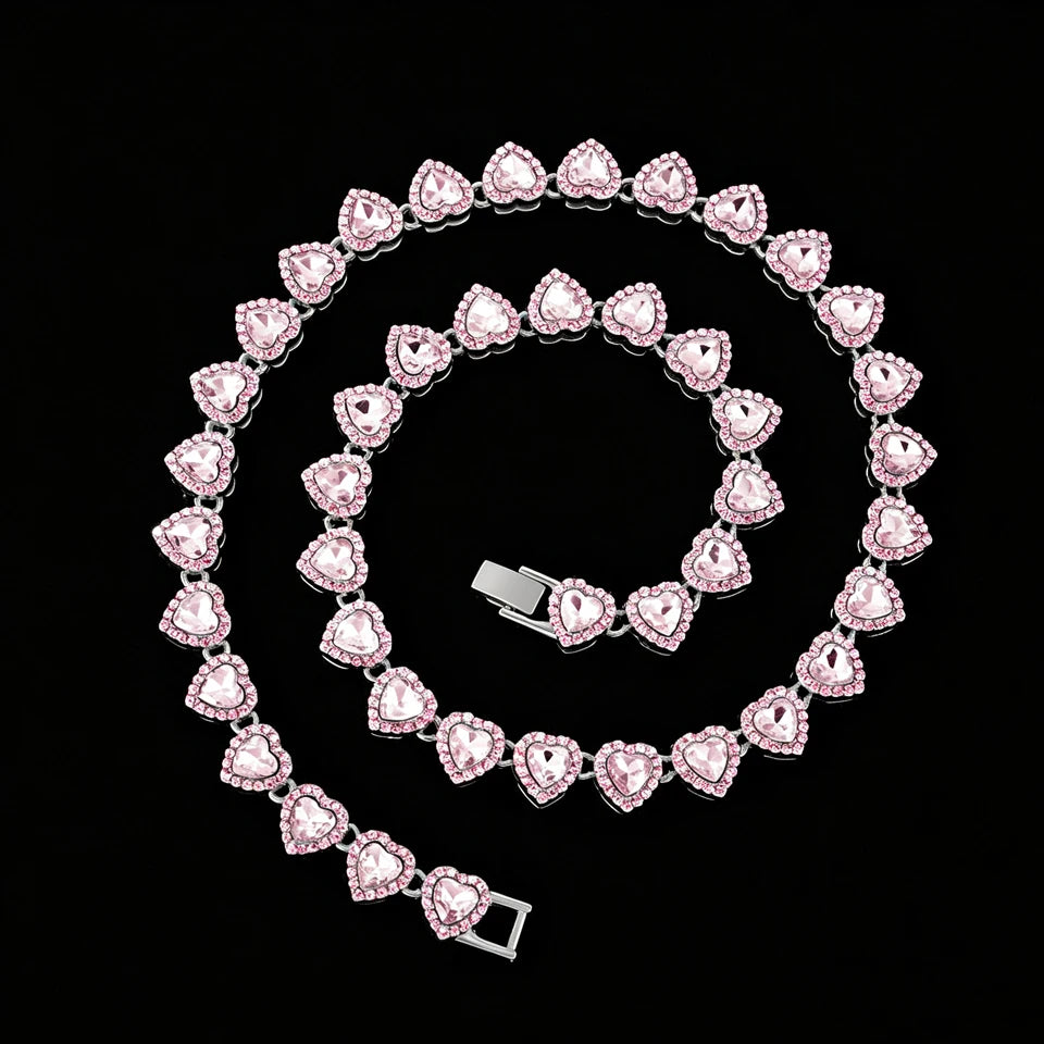 ZAKOL 45CM New Hip Hop Tennis Chain Bracelet Necklace Shiny Heart Rhinestone CZ Fashion Rock Party Jewelry Set - Pink Slivery
