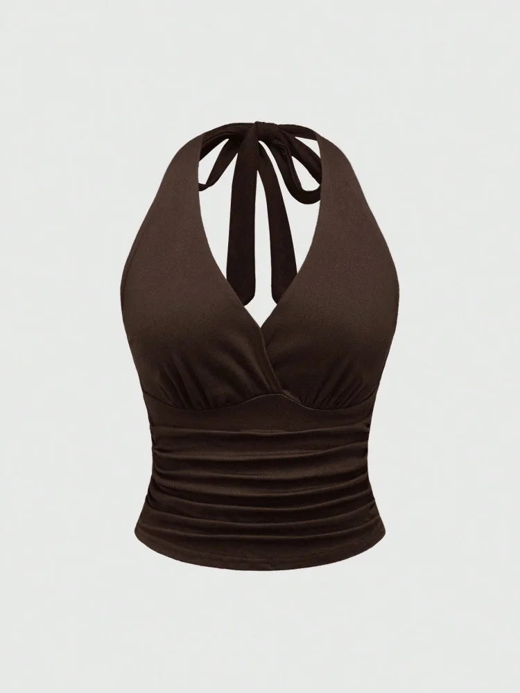 Solid V-neck Backless Halter Crop Top for Women Summer Sexy Y2K Sleeveless Ruched Top Streetwear - Coffee / L