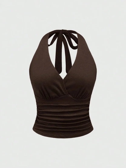 Solid V-neck Backless Halter Crop Top for Women Summer Sexy Y2K Sleeveless Ruched Top Streetwear - Coffee / L