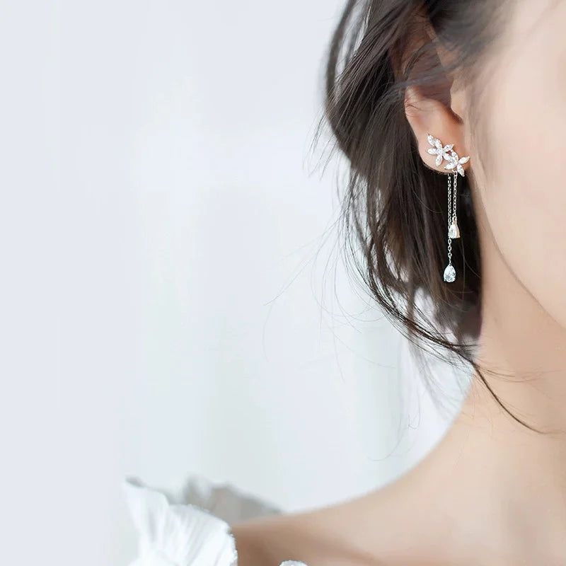 Summer Silver Plated Fashionable Tassel Inlaid Zircon Flower Earrings For Women, New Trendy Light Luxury Earrings Accessories