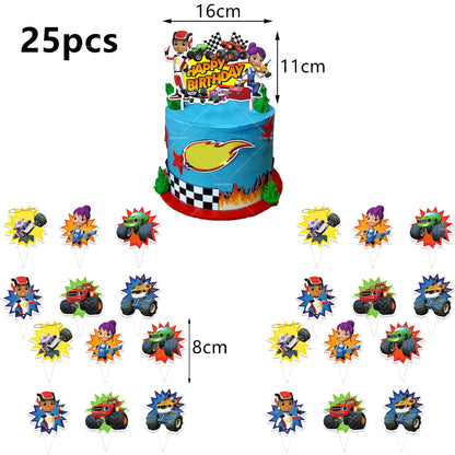 Blaze Monster Balloons Machines Race Car Happy Birthday Banner Party Decoration Cake Topper Disposable Tableware Background B