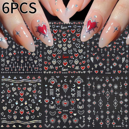 8pc 3D Mixed Color Heart Nail Stickers Valentines' Day Sweet Red Pink Love Selfadhesive Nail Decoration Decals Manicure Suppl