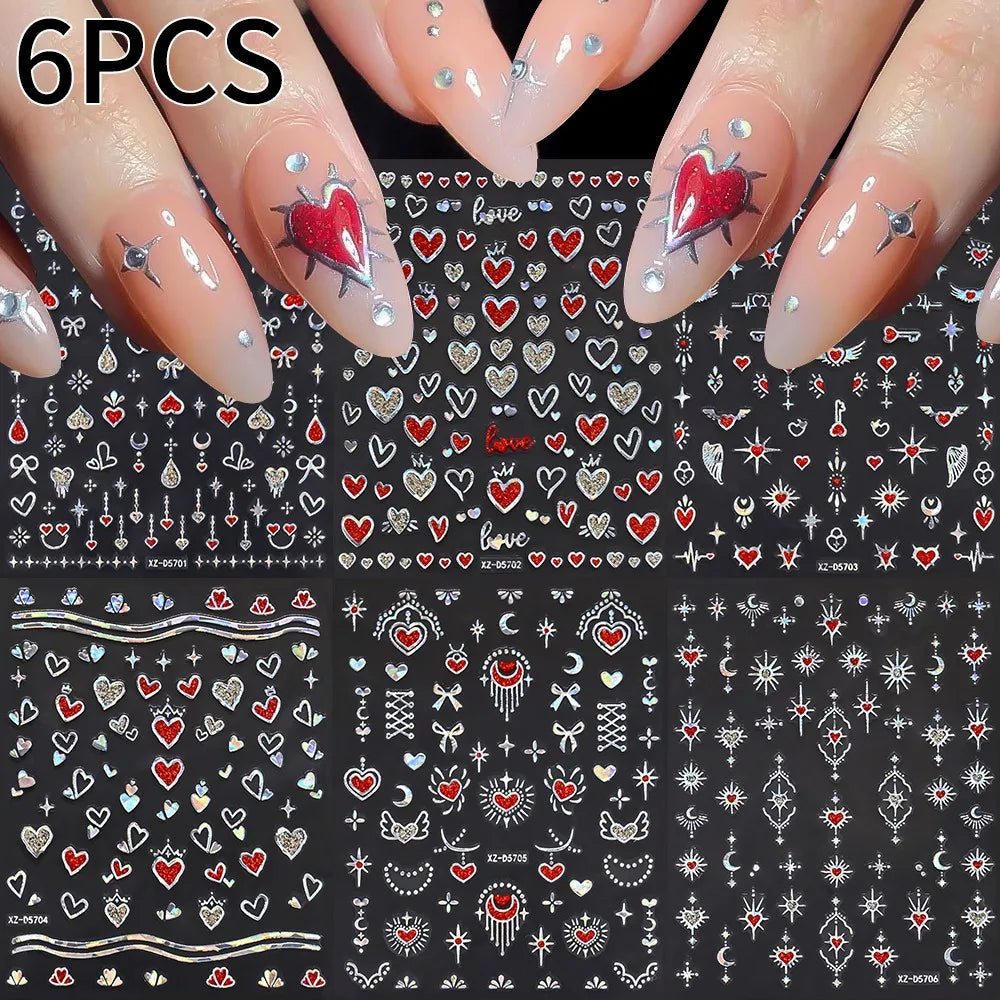 8pc 3D Mixed Color Heart Nail Stickers Valentines' Day Sweet Red Pink Love Selfadhesive Nail Decoration Decals Manicure Suppl