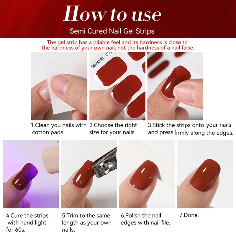 Harunouta 16strips Semi Cured Gel Nail Strips with Nail Clipper Set Self-Adhesive Glitter for Nails Work with UV/LED