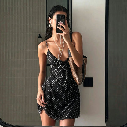 Y2k Vintage Slim Summer Women Sweet Ladylike Fashion Street Woman Dot Print Casual Simple Basic Sleeveless Dresses Female Chi