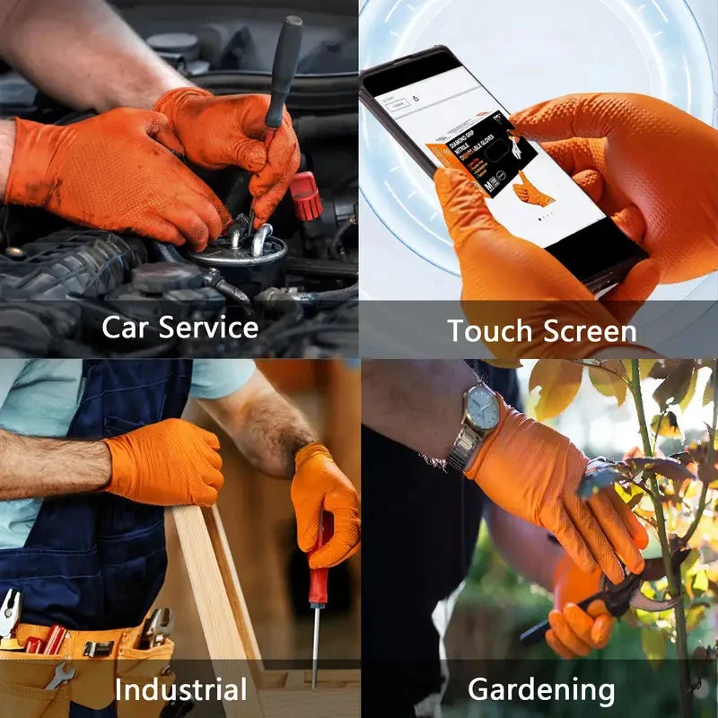 Heavy Duty Orange Nitrile Gloves 8Mil Industrial Disposable Gloves with Diamond Textured Grip for Mechanic Safety & Work Glov