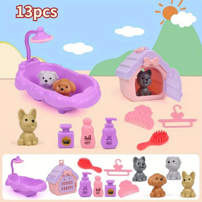 Cute Dog Pet Basket Family Toys Dog Doll Set Cage Toys Scene Playing Toys Christmas Decoration Thanksgiving Gifts color rando