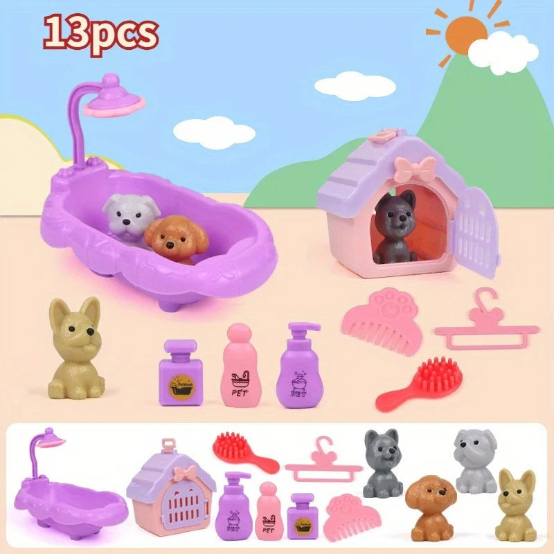 Cute Dog Pet Basket Family Toys Dog Doll Set Cage Toys Scene Playing Toys Christmas Decoration Thanksgiving Gifts color rando