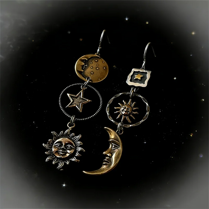 Vintage Free People Face Sun Moon Pendant Earrings Women's Creative Design Asymmetric Earrings Party Retro Jewelry