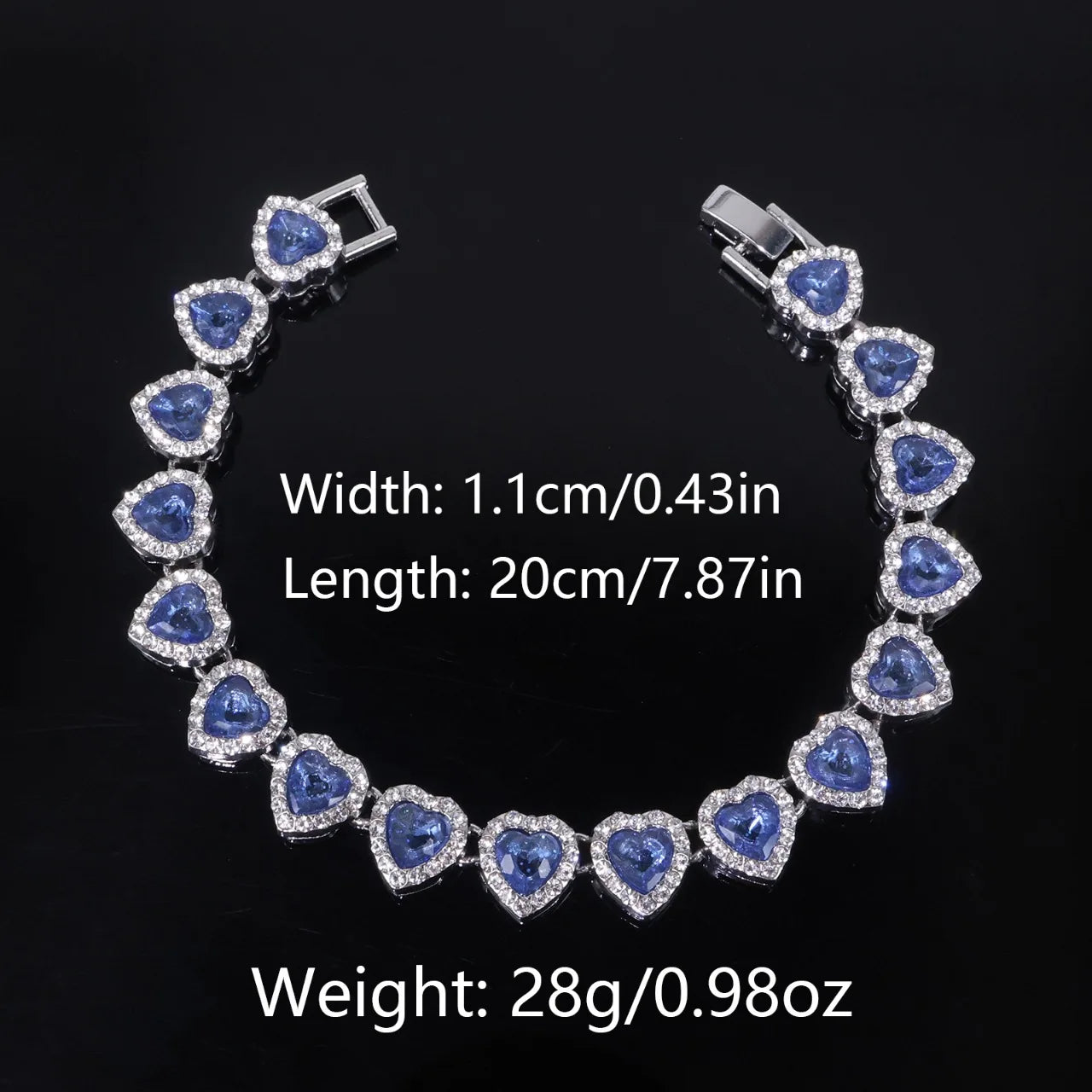 ZAKOL 45CM New Hip Hop Tennis Chain Bracelet Necklace Shiny Heart Rhinestone CZ Fashion Rock Party Jewelry Set - Blue 20cm