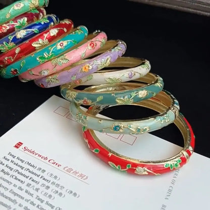Enamel Chinese Cloisonne Bracelet Double Bangle Traditional Peony Filigree Flower Bangle Ethnic Vintage Women's Hand Bracelet