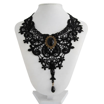 Fashion New Vintage Gem Black Lace Bead Necklace Gothic Steampunk Style Stonego Gothic Collar Necklace Pendant