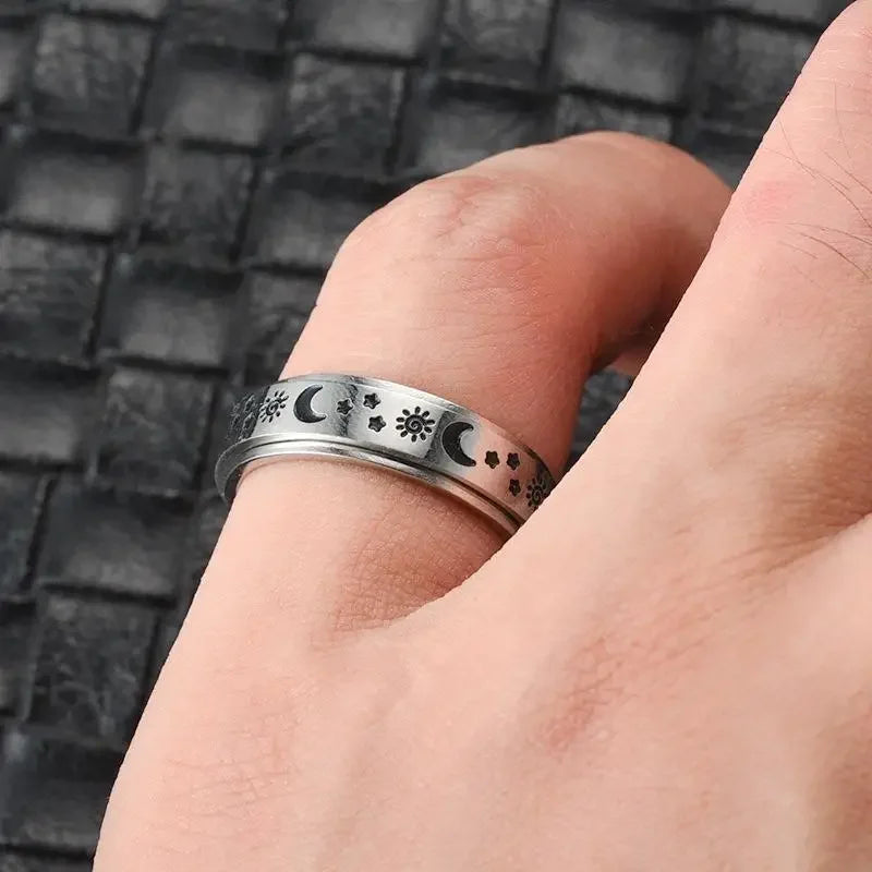 Vintage Stainless Steel Sun Moon Star Rotating Spinning Wedding Promise Anniversary Statement Band Ring Jewelry