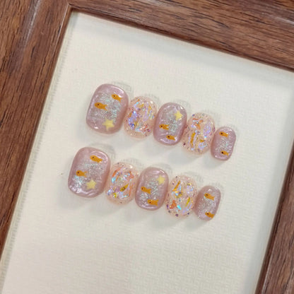 10pcs/set Handmade Press-On Nails - Blue Glossy Fish & Bubbles Design Short Oval Fake Nails with Cat Eye Effect False Nails