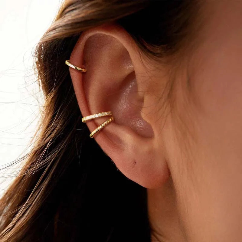 3Pcs/Set Fashion Gold Color Crystal Clip Earrings for Women Girls Minimalist Metal C-shaped Fake Piercing Ear Cuff Ear Jewelr