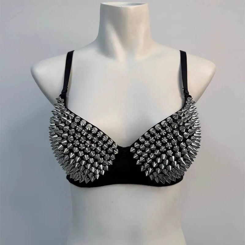 Sexy Rivets Punk Lingerie Underwear,Fashion Metallic Flash Rivet Bra with Wire Free for Women,Nightclub Party Bar Hot Bras