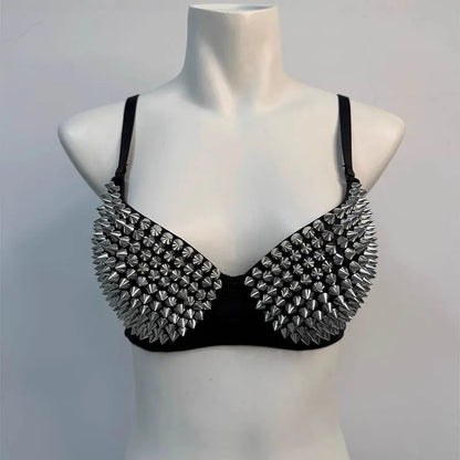 Sexy Rivets Punk Lingerie Underwear,Fashion Metallic Flash Rivet Bra with Wire Free for Women,Nightclub Party Bar Hot Bras