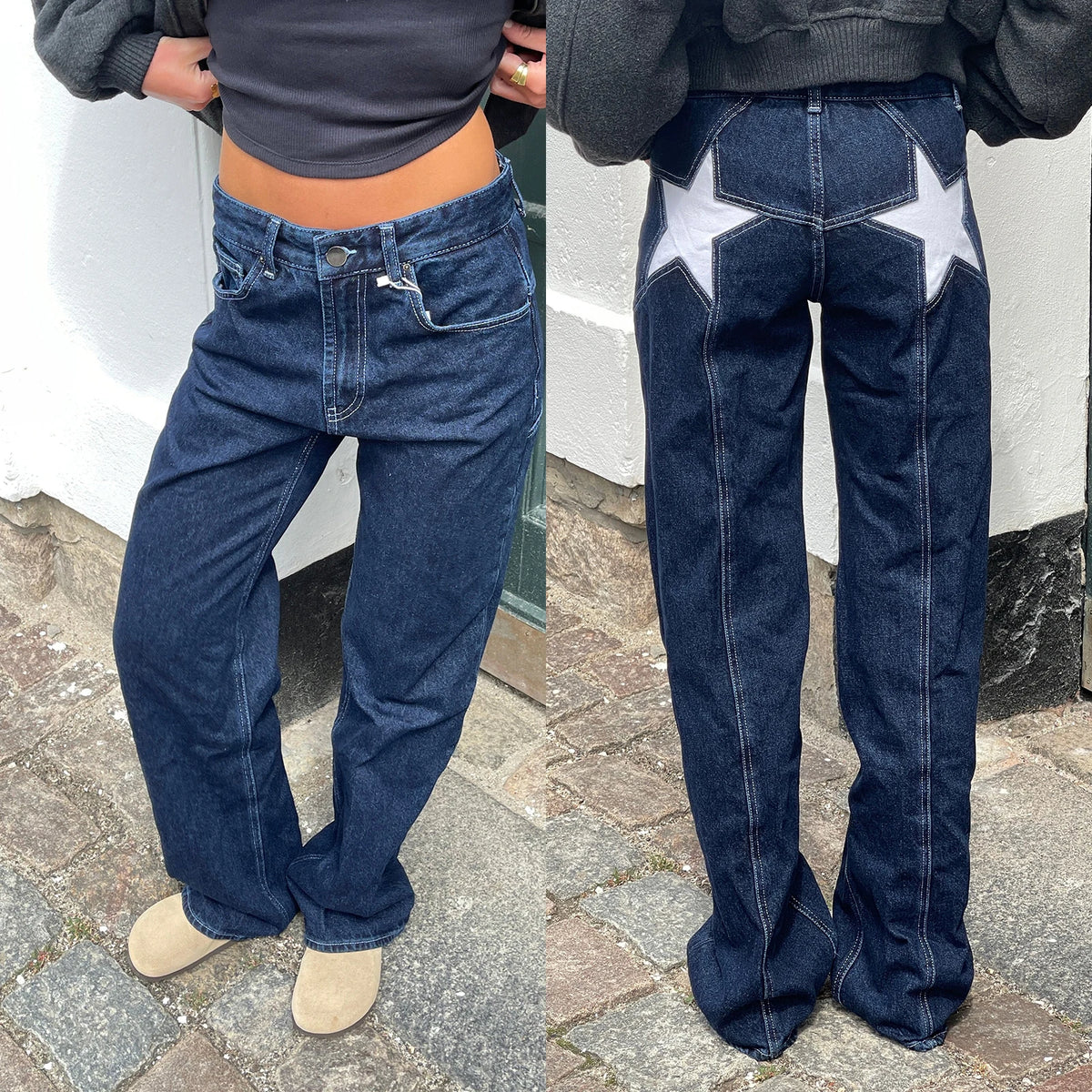 Women's Y2K Vintage Jeans Aesthetic Star Pattern Print Loose Straight Leg Denim Long Pants Casual Low Waist Trousers - DEEP B