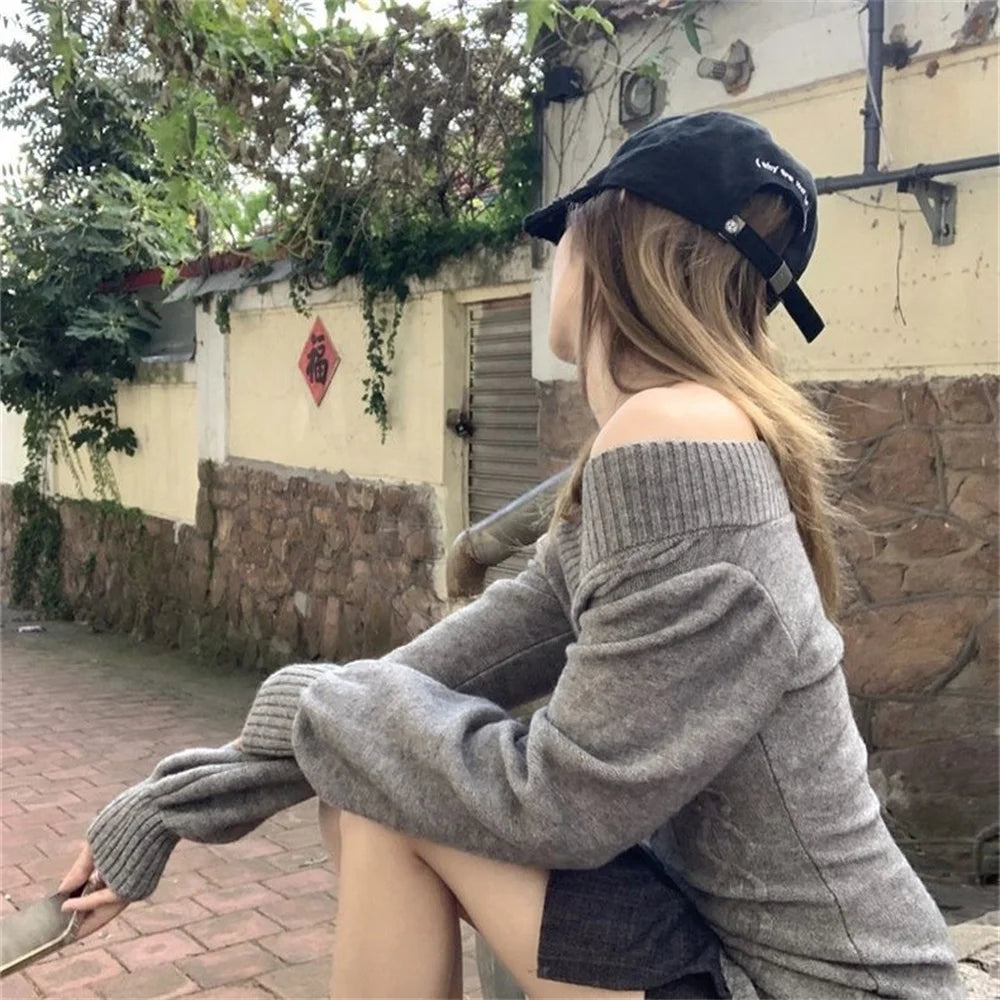 Fashion Vintage V-neck Knitted Tops Women 2025 Early Autumn New Sweaters Pullover Slim Long Sleeve Pullovers Sexy Gray Sweate