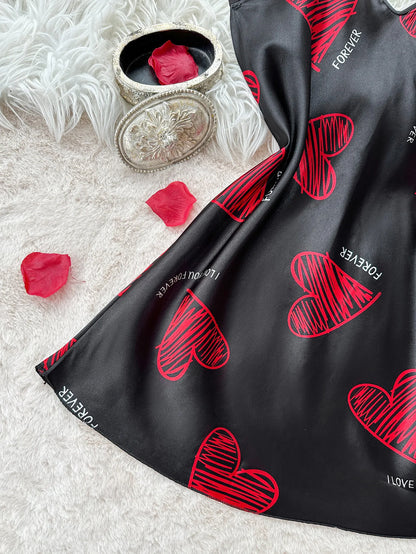 Valentine's Day Red Lip Print Satin Slip Nightdress V Neck Backless Mini Sleep Dress Women's Sleepwear Dresses