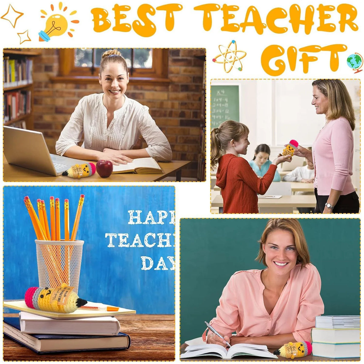 1pc Vibrant Yellow Crochet Pencil Amigurumi with "BEST TEACHER EVER" Gift Tag - Ideal for Teacher Appreciation & DIY Craft De