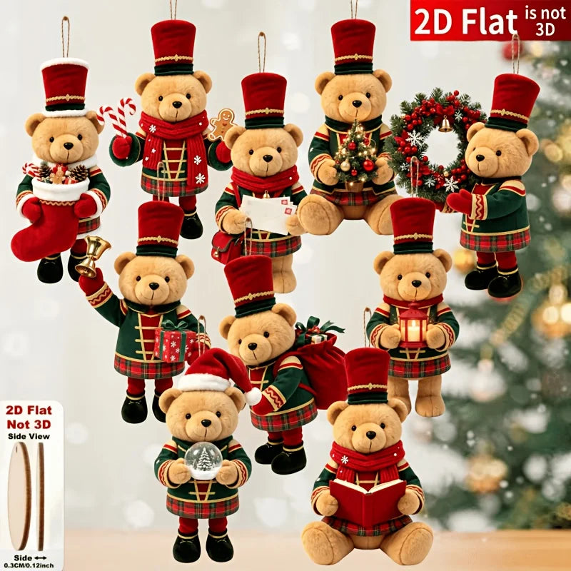 20/10 Pieces of Randomly Assorted 2D Flat Bear-Shaped Handmade Wooden Christmas Ornaments with Various Christmas Motifs, Suit