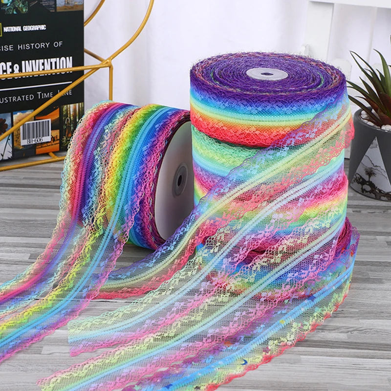 4cm 5yards Colorful Rainbow Net Fashion Ribbon Lace Trim Wedding DIY Dress Garment Edging Bag Decoration Accessories Bows H80