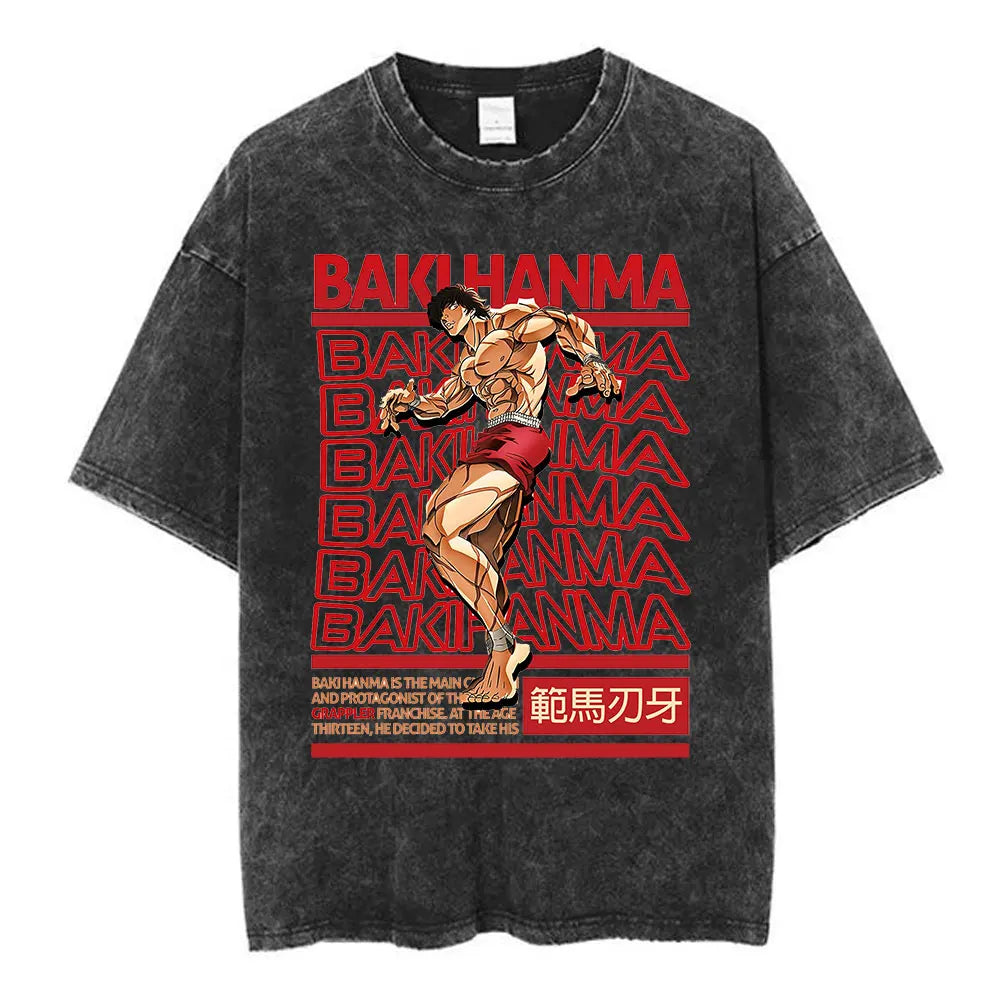 Vintage Washed T Shirt Anime Baki The Grappler T-shirt Hanma Yujiro Gym Short Sleeve T-shirts Oversized Cotton Casual Tee Shi