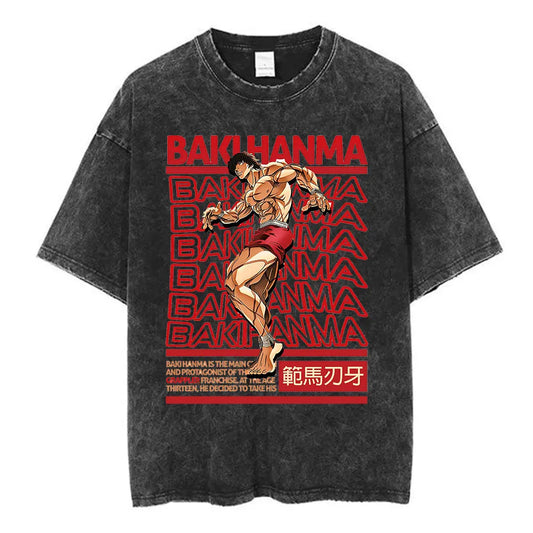 Vintage Washed T Shirt Anime Baki The Grappler T-shirt Hanma Yujiro Gym Short Sleeve T-shirts Oversized Cotton Casual Tee Shi