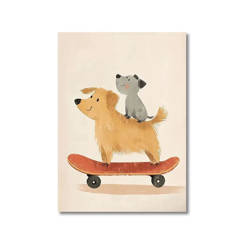 Minimalist Cute Skateboard Animal Wall Art Dog, Lion, Crocodile, Tiger, Bear, and Car Canvas Print Home Decor for Kids' Rooms