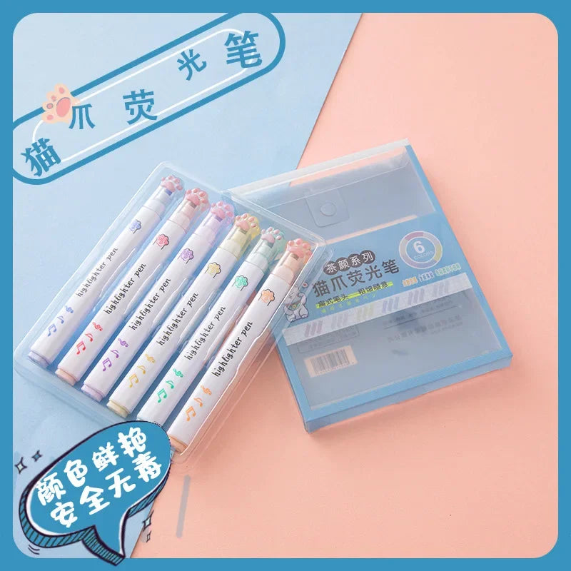 6Pcs/Set Kawaii Cat paw Fluorescent Highlighter Pens Markers Pastel Drawing Pen Student School Office Supplies Cute Stationer