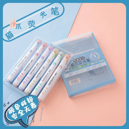 6Pcs/Set Kawaii Cat paw Fluorescent Highlighter Pens Markers Pastel Drawing Pen Student School Office Supplies Cute Stationer