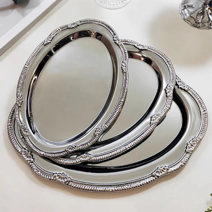 Vintage Embossed Silver Tray Serving Platter For Desserts Jewelry Storage Organizer Snack Plate Dining Table Decoration