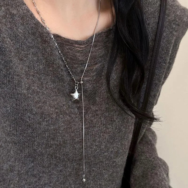 Minimalist Asymmetry Star Lariat Necklace for Women Adjustable Y-shaped Titanium Steel Chain Casual Daily & Party Jewelry Gif